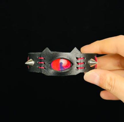 Red Demon Eye Cat Ear Leather Cuff – Handmade Gothic Punk Bracelet