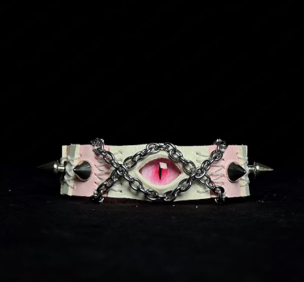 Pink Devil Eye Pastel Goth Leather Cuff – Spiked Chain Bracelet