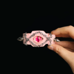 Red Eye Pink Leather Cuff – Handmade Gothic Studded Bracelet - Image 3